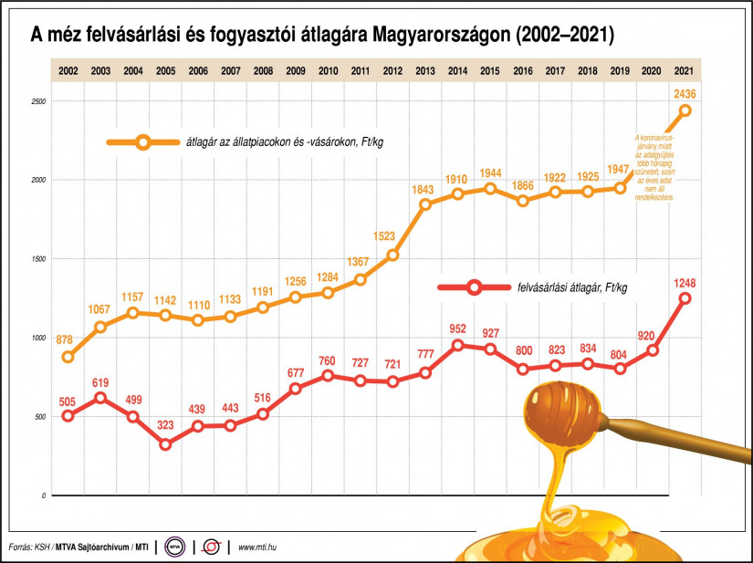 A méz felvásárlási és fogyasztói ára Magyarországon (2002-2021) (Forrás: KSH/MTVA Sajtóarchívum/MTI)
