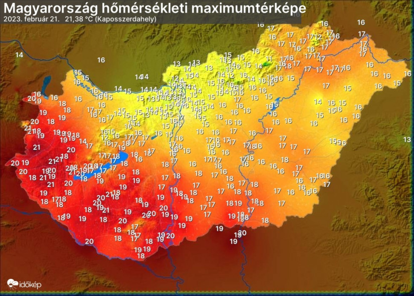 Maximum hőmérsékleti értékek a tél legmelegebb napján, február 21-én (Forrás: Időkép.hu)