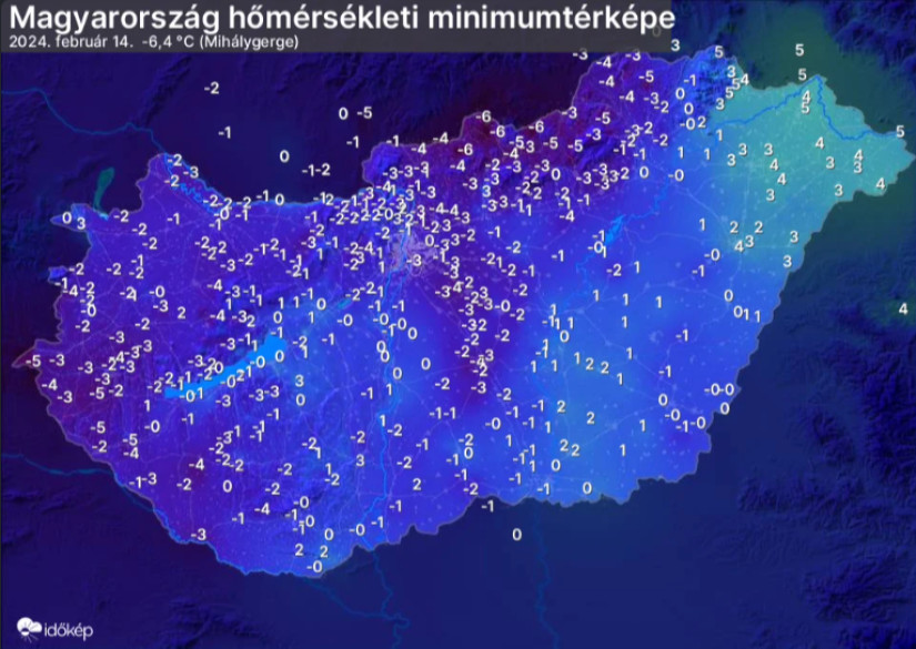 Északon és az Alpokalján több helyen alakult -5 Celsius-fok körül alakult a minimum (Forrás: Időkép.hu)