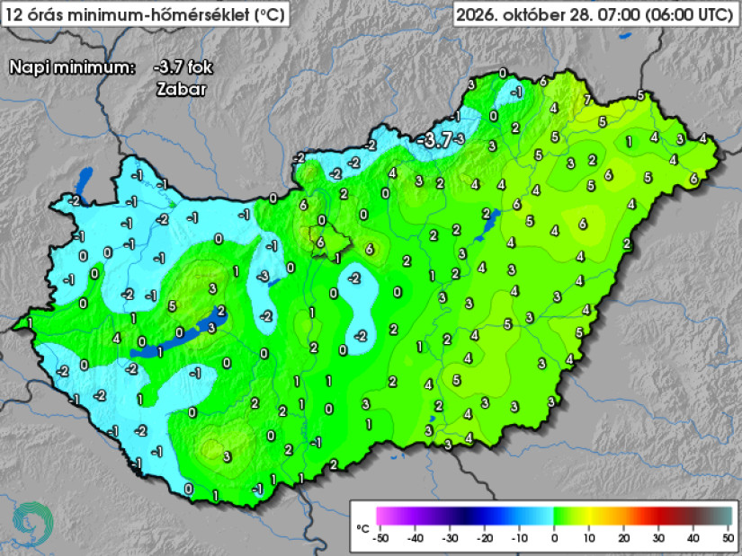 Minimum hőmérsékletek 2026. október 28-án (Celsius fok)
